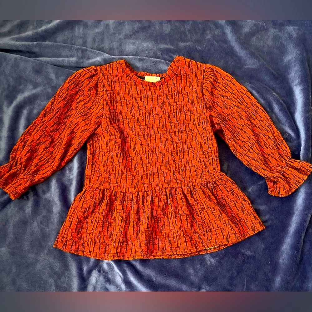 Anthropologie Ro&De Perett Frill Peplum  Orange black motif top size S
